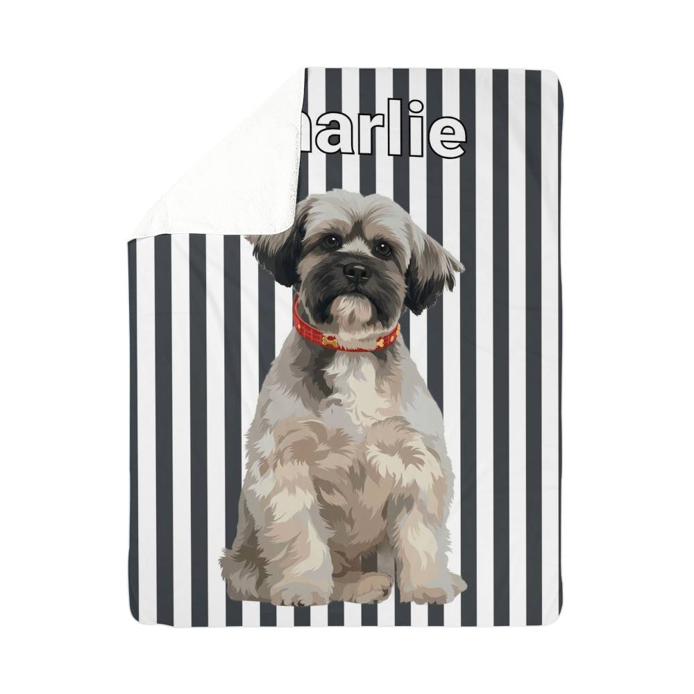 Custom AI Pet Portrait Sherpa Blanket with Striped Background - Personalized Dog Photo Blanket