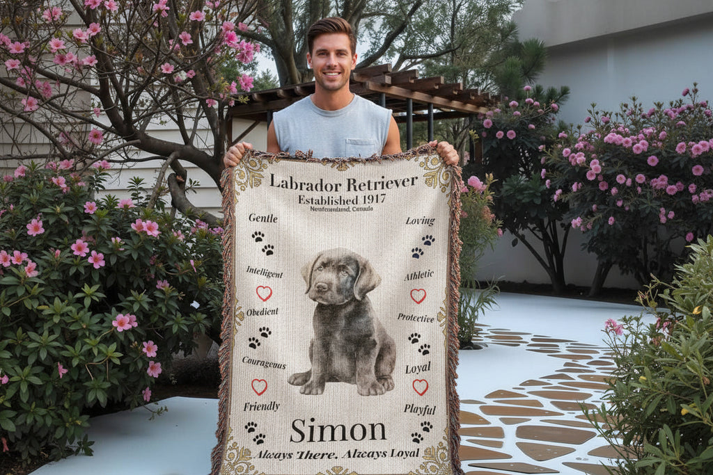 man holding a blanket with a Labrador Retriever design and text outdoors.Personalize your Labrador Retriever woven blanket with your dog's photo and name.