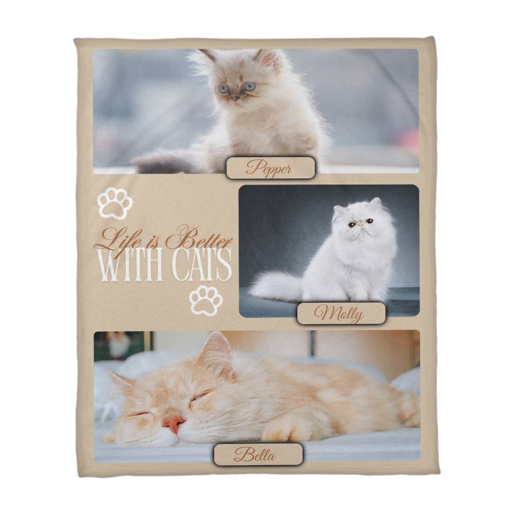 Personalized Multi-Cat Photo Blanket - Custom Cat Collage Fleece Blanket - 2-5 Cats Names & Photos