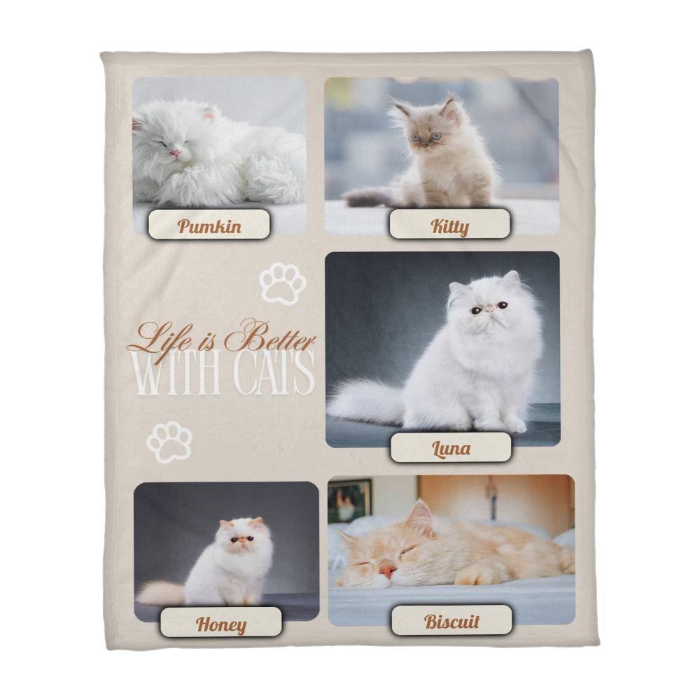 🐾 Personalized Multi-Cat Photo Blanket | Custom Cat Fleece Blanket | 2-5 Cats Names & Photos