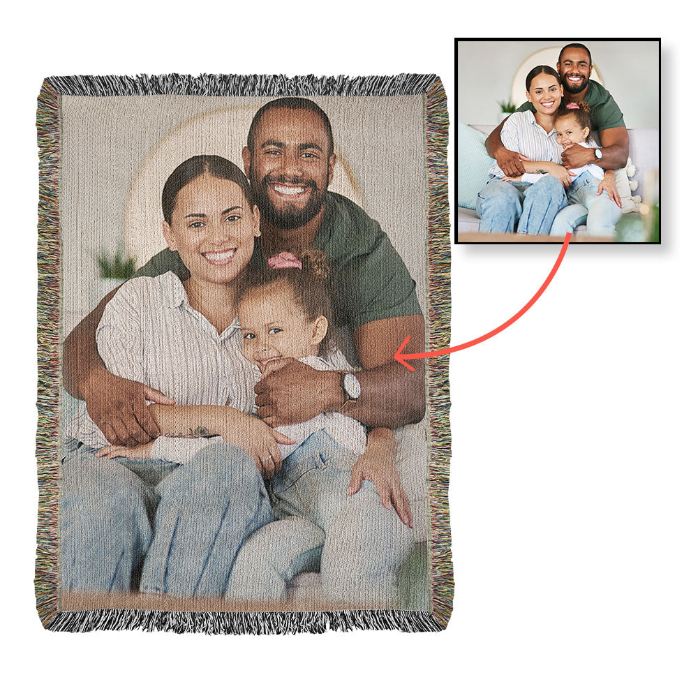 Personalized family photo blanket with a close-up inset of the same photo.