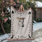 Person holding a blanket with a whippet design and text outdoors in winter. Personalize your woven blanket with your favorite photo of your Whippit. Personalize your woven blanket with your favorite photo of your Whippit.