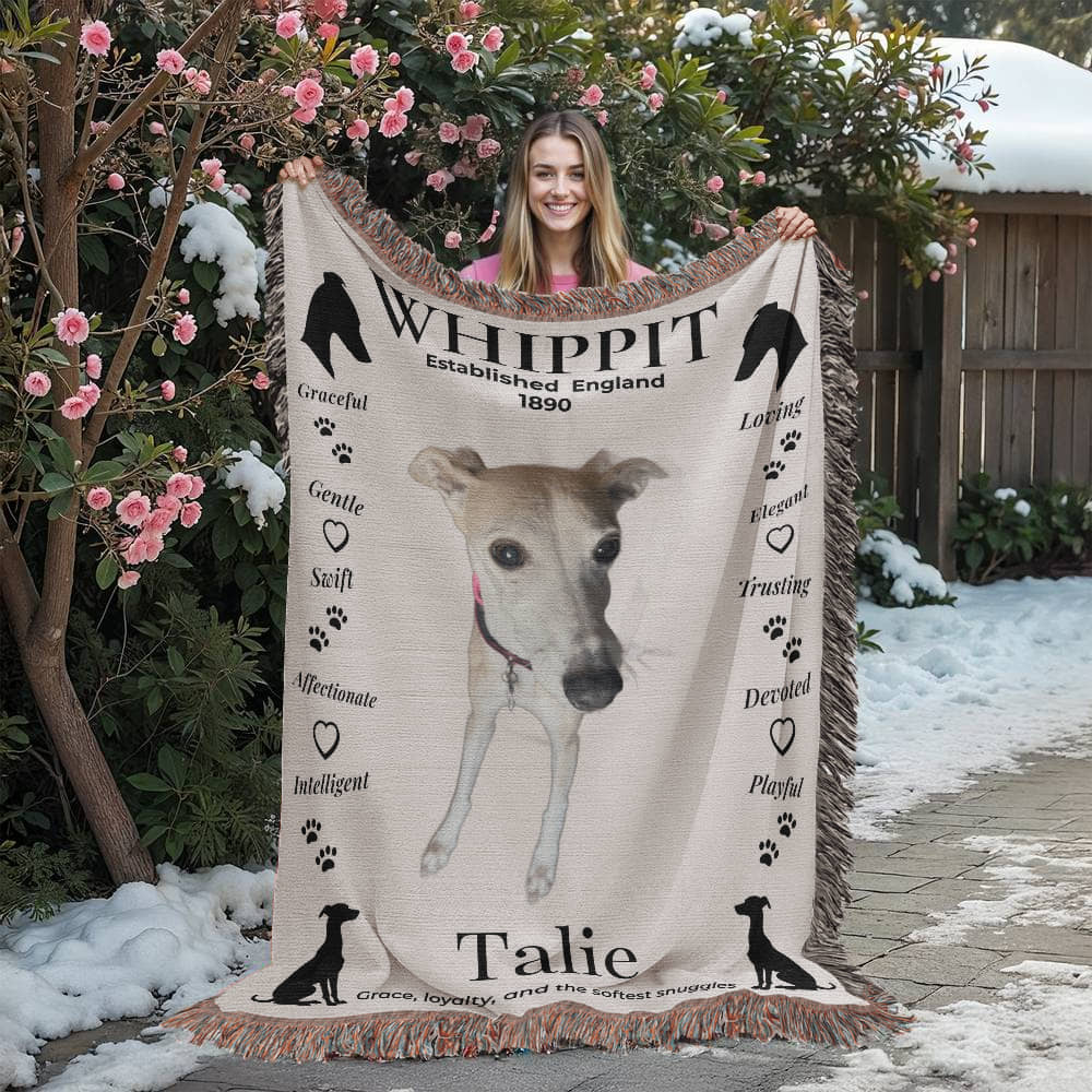 Person holding a blanket with a whippet design and text outdoors in winter. Personalize your woven blanket with your favorite photo of your Whippit. Personalize your woven blanket with your favorite photo of your Whippit.