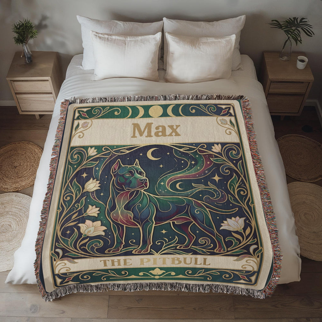 Decorative tarot card woven blanket with a pitbull dog design and personalized with the name 'Max' printed on it, draped over a bed.