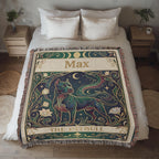 Decorative tarot card woven blanket with a pitbull dog design and personalized with the name 'Max' printed on it, draped over a bed.