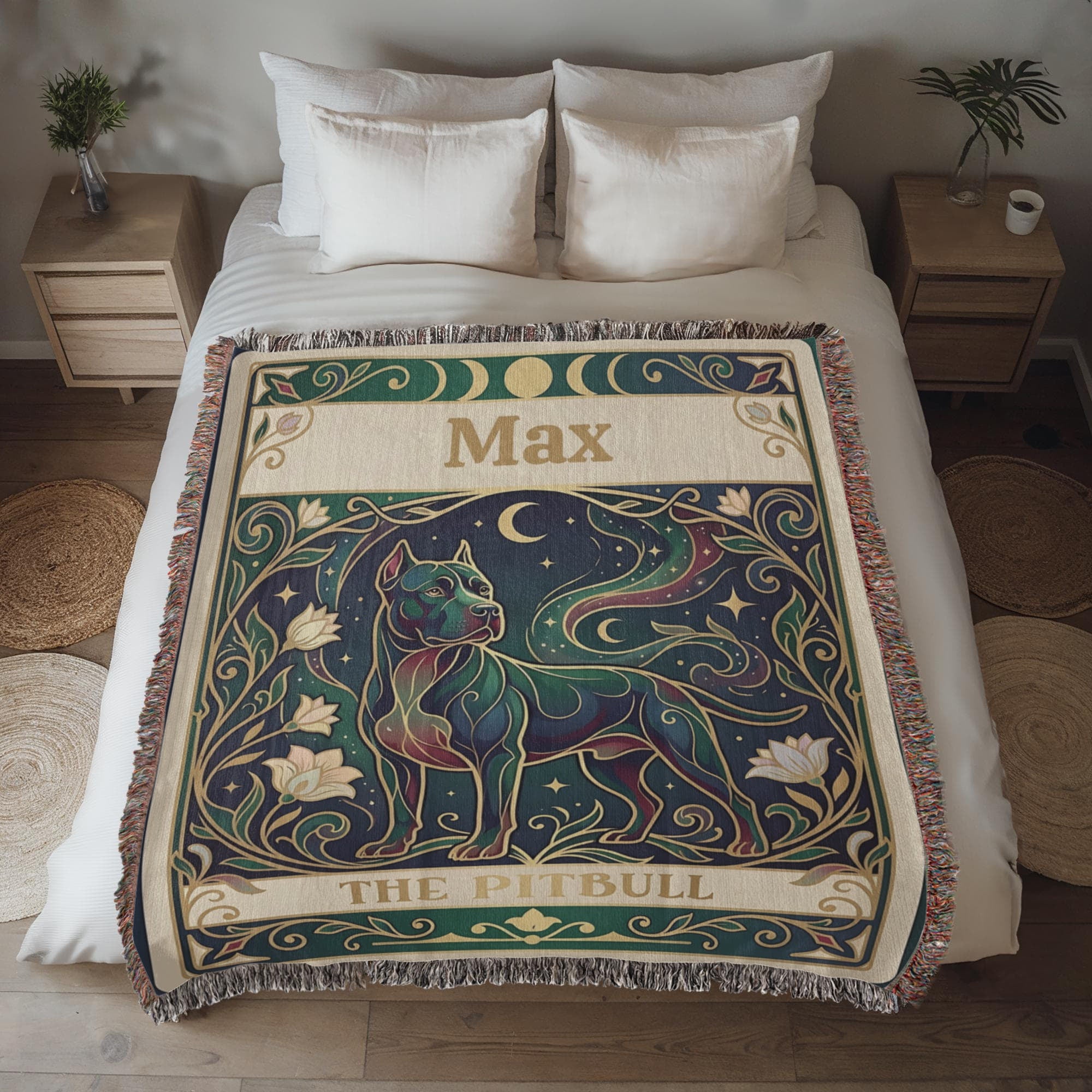 Decorative tarot card woven blanket with a pitbull dog design and personalized with the name 'Max' printed on it, draped over a bed.