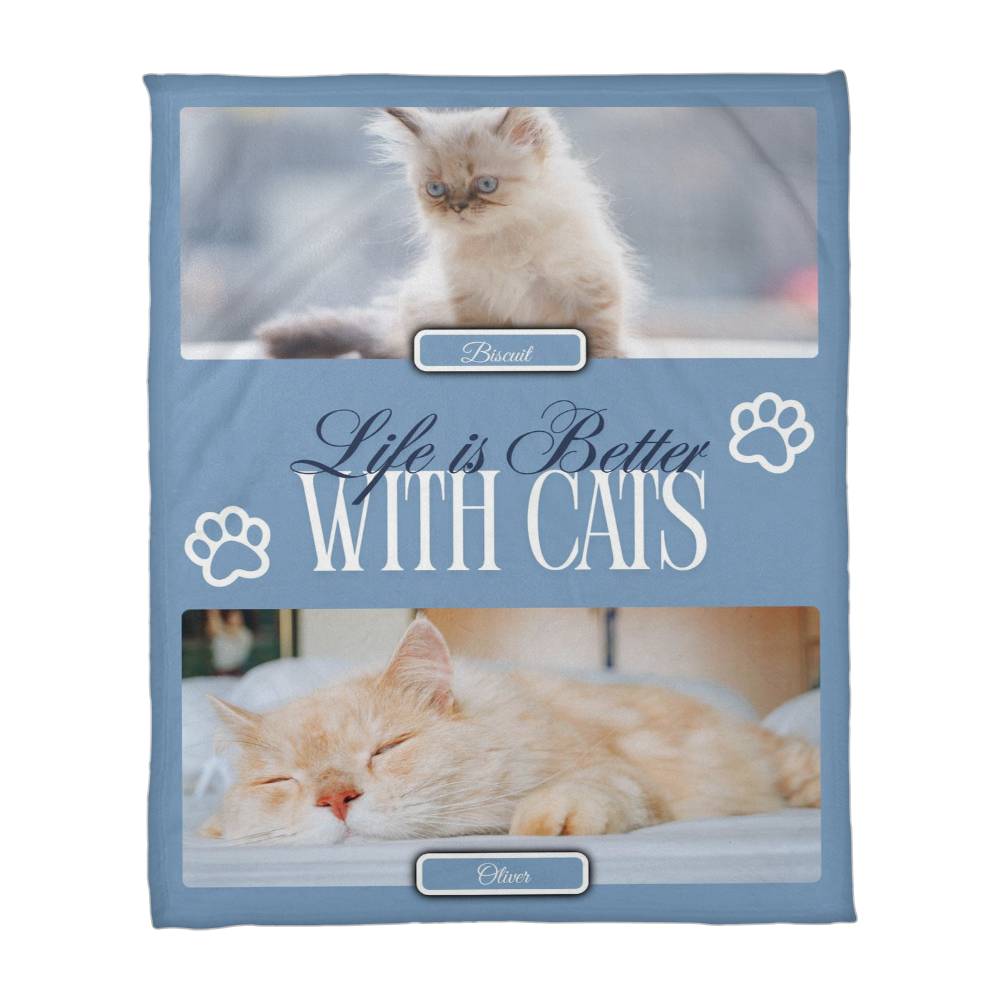 🐾 Personalized Multi-Cat Photo Blanket | Custom Cat Fleece Blanket | 2-5 Cats Names & Photos