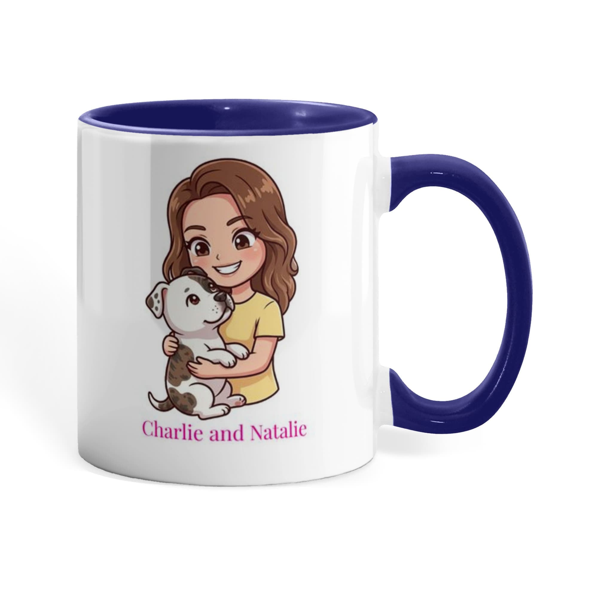 Mug with a cartoon character holding a dog and 'Charlie and Natalie' text on a white background