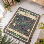 Decorative blanket with a pitbull tarot card design and personalized with the name 'Max' printed on it, placed on a wooden floor.