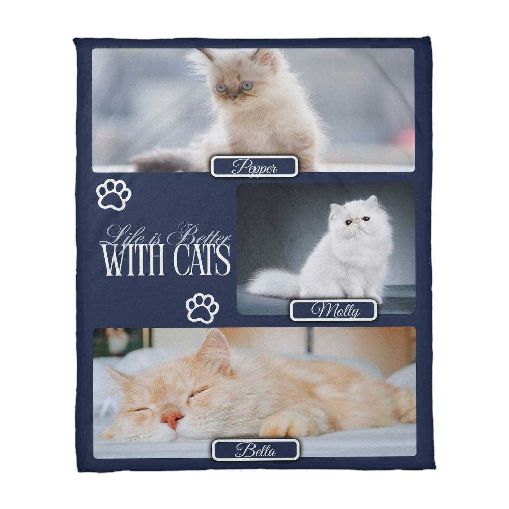 Personalized Multi-Cat Photo Blanket - Custom Cat Collage Fleece Blanket - 2-5 Cats Names & Photos
