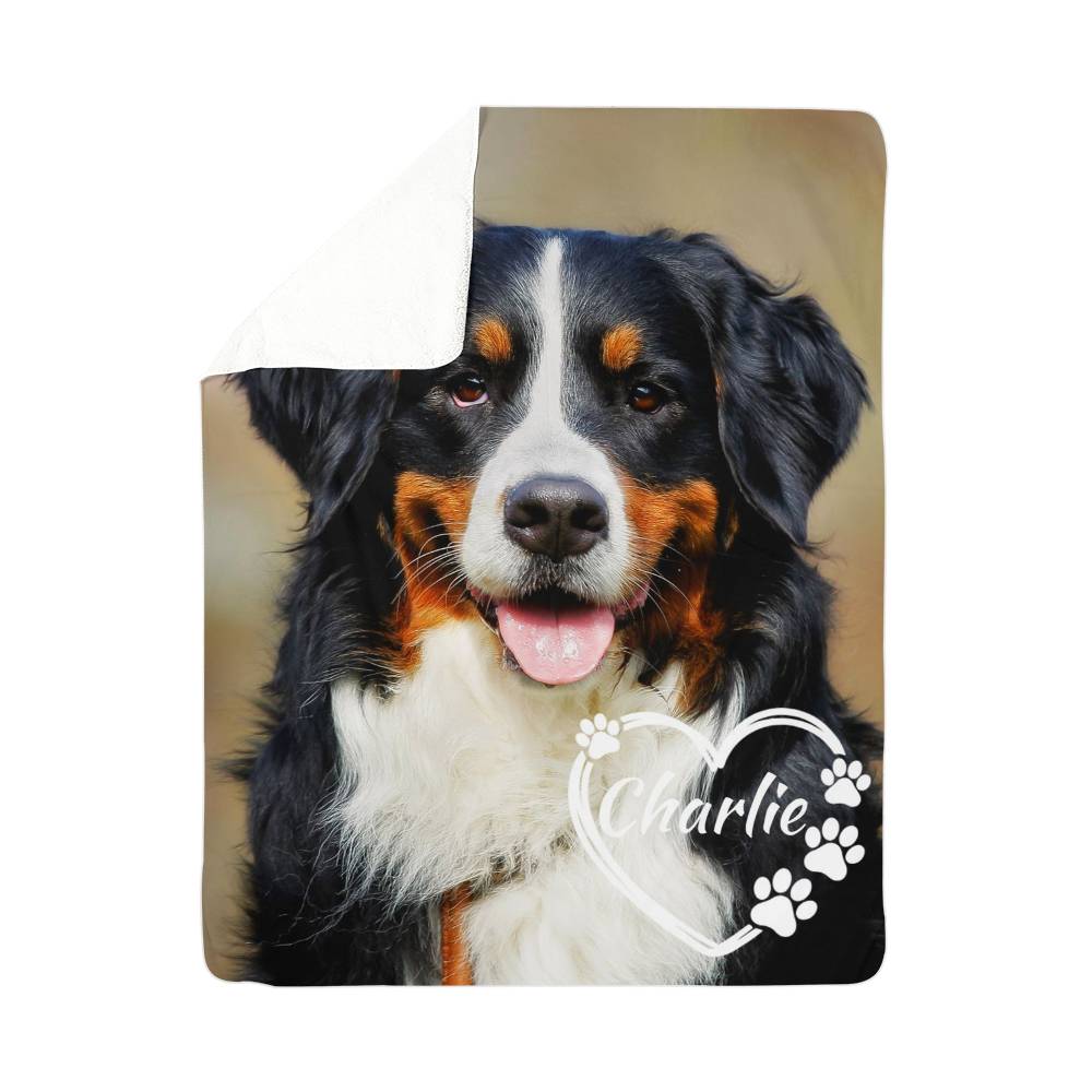 Dog blanket with a Bernese Mountain Dog and 'Charlie' printed on it