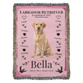 Pink blanket with a Labrador Retriever design and text on a white background