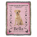 Pink blanket with a Labrador Retriever design and text on a white background