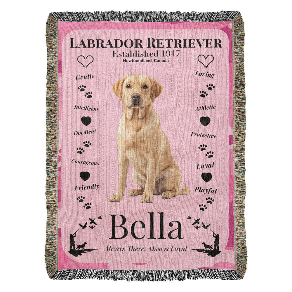 Pink blanket with a Labrador Retriever design and text on a white background