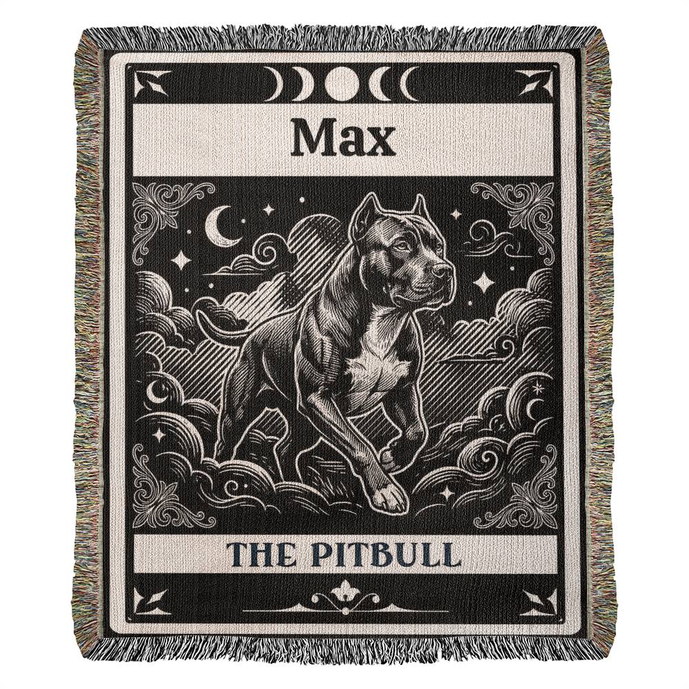 woven Blanket with a tarot card graphic of a pitbull and decorative elements, featuring the personalized name 'Max'.