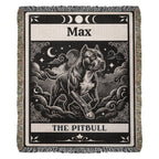woven Blanket with a tarot card graphic of a pitbull and decorative elements, featuring the personalized name 'Max'.
