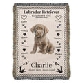 woven Blanket with a Labrador Retriever design featuring a puppy and text on a white background.  Personalized with photo and name of dog.