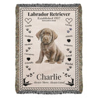 woven Blanket with a Labrador Retriever design featuring a puppy and text on a white background.  Personalized with photo and name of dog.