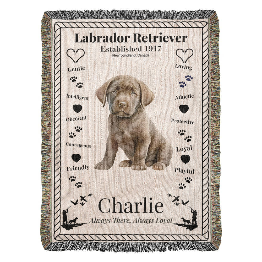 woven Blanket with a Labrador Retriever design featuring a puppy and text on a white background.  Personalized with photo and name of dog.