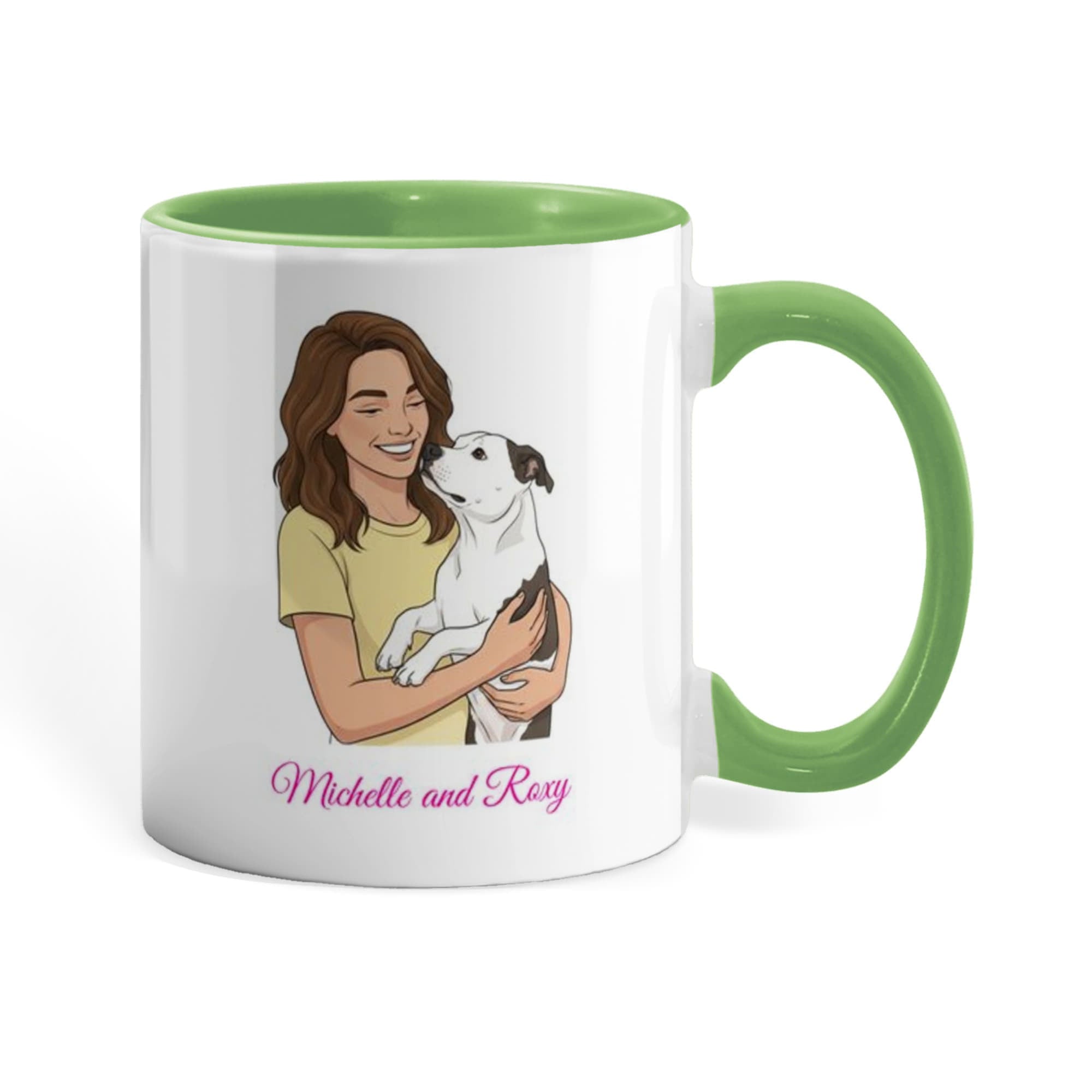 Mug with a design of a woman holding a dog and text 'Michelle and Roxie' on a white background