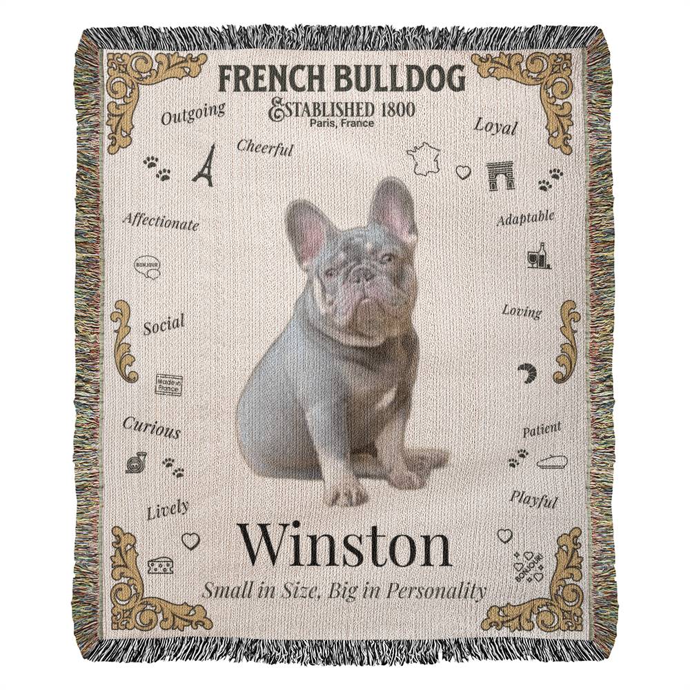🐾 My Little Buddie Heirloom Woven Blanket – French Bulldog Edition - Gold Embellishment