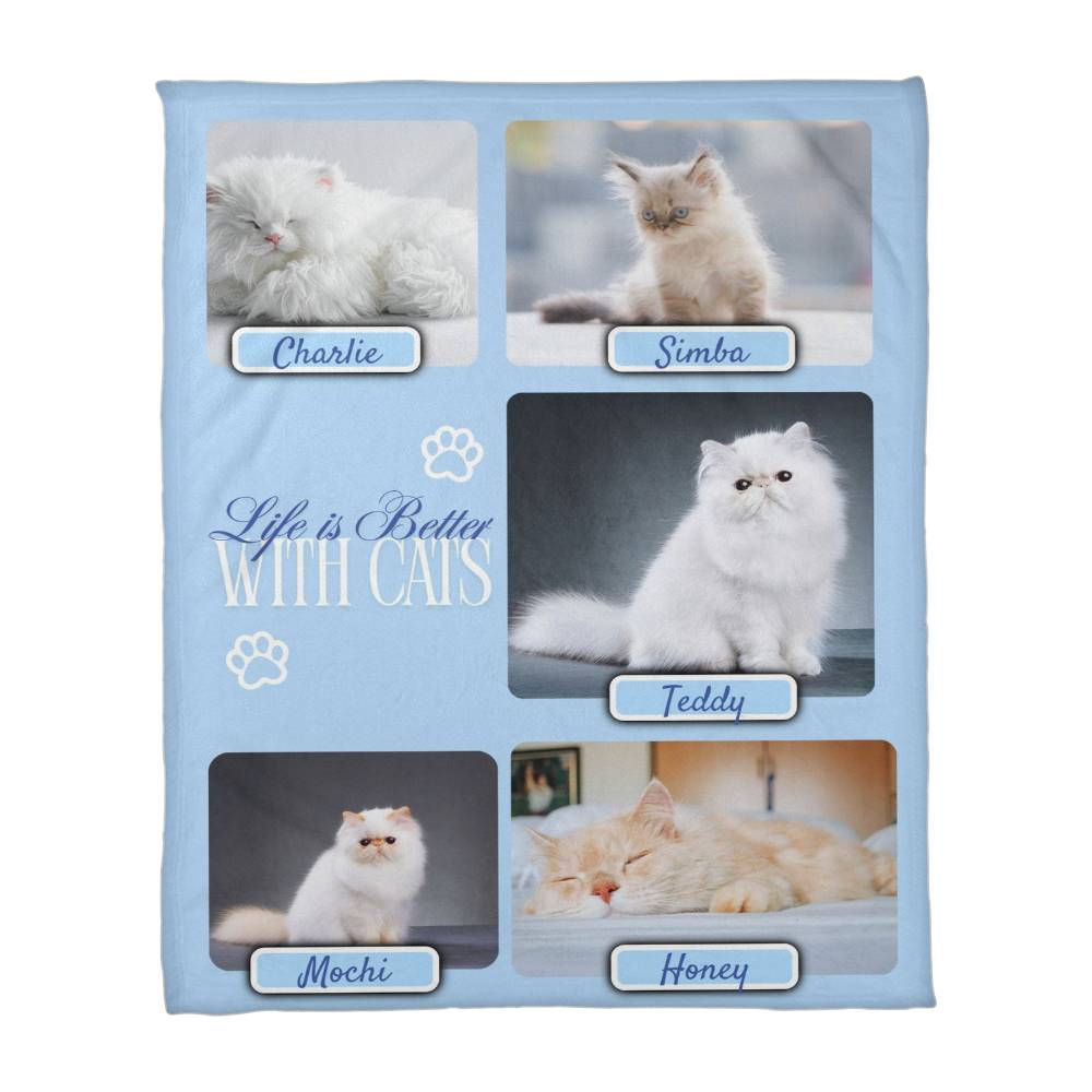🐾 Personalized Multi-Cat Photo Blanket | Custom Cat Fleece Blanket | 2-5 Cats Names & Photos