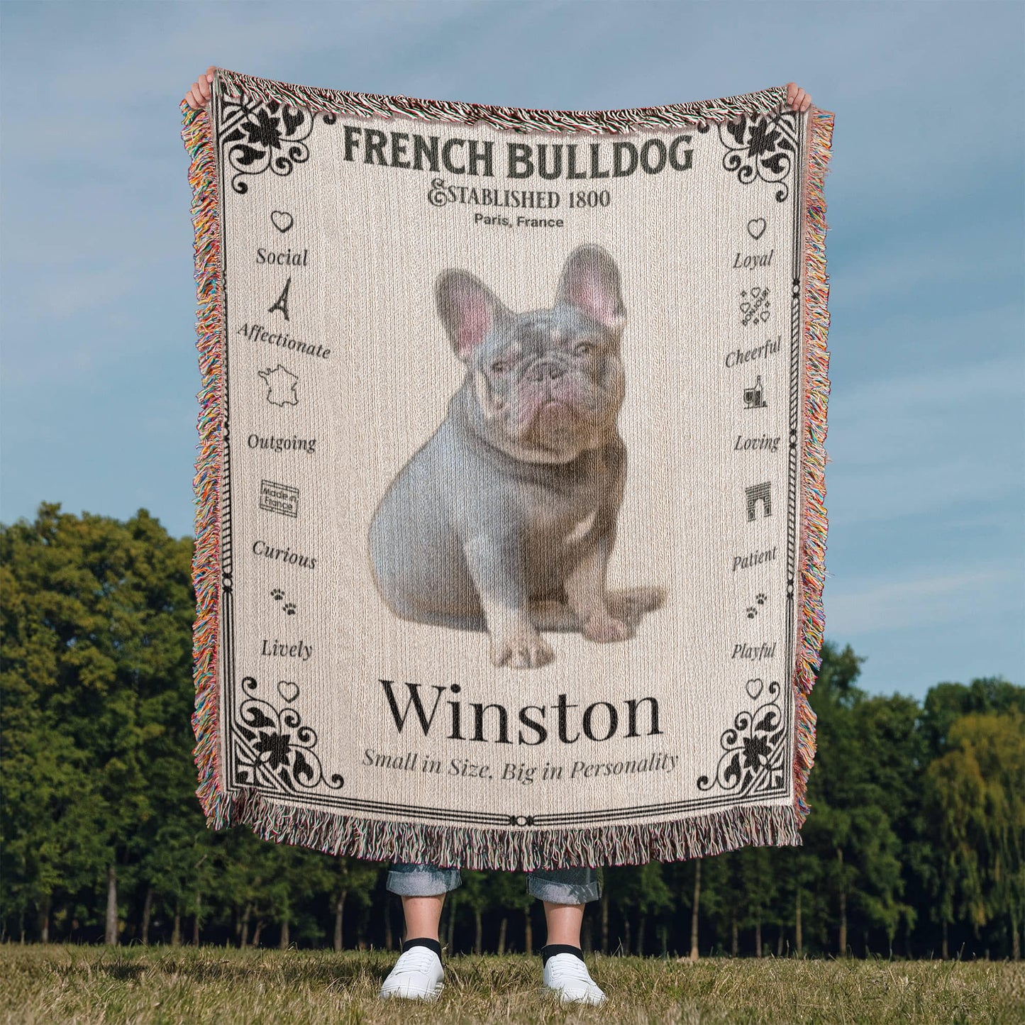 🐾 My Little Buddie Heirloom Woven Blanket – French Bulldog Edition - Art Deco