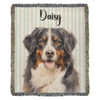 Blanket with a dog portrait and the name 'Daisy' on a striped background