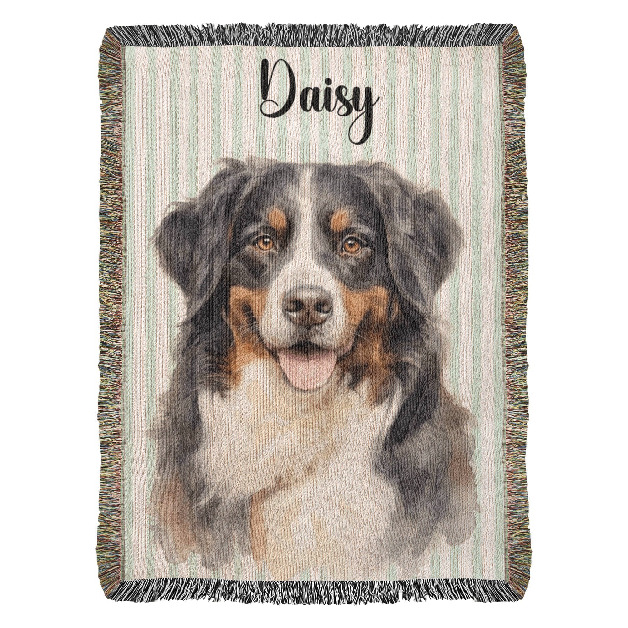 Woven blanket with a dog portrait and the name 'Daisy' on a striped background