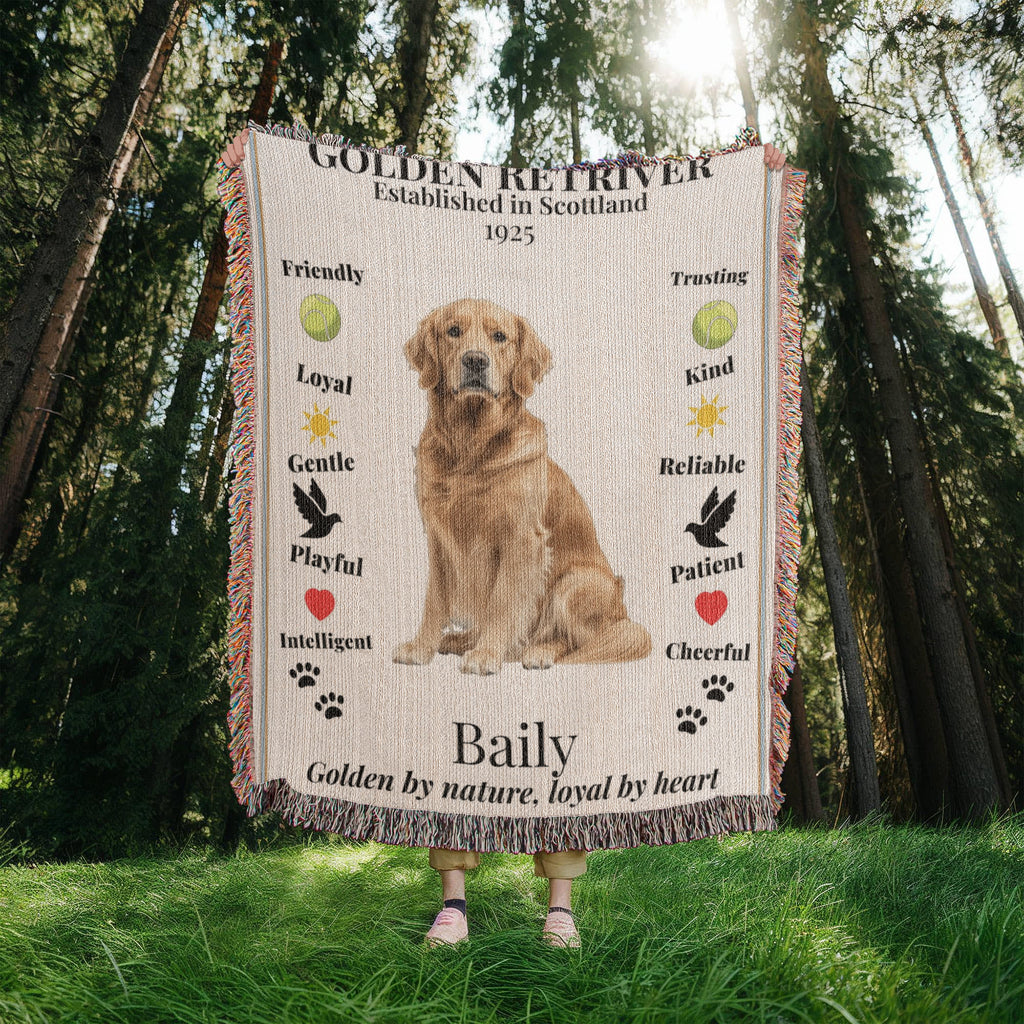 Blanket with a Golden Retriever design and text in a forest setting