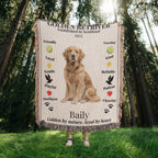 Blanket with a Golden Retriever design and text in a forest setting