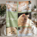 Blanket with images of a cat named 'Ginger' displayed in a collage.