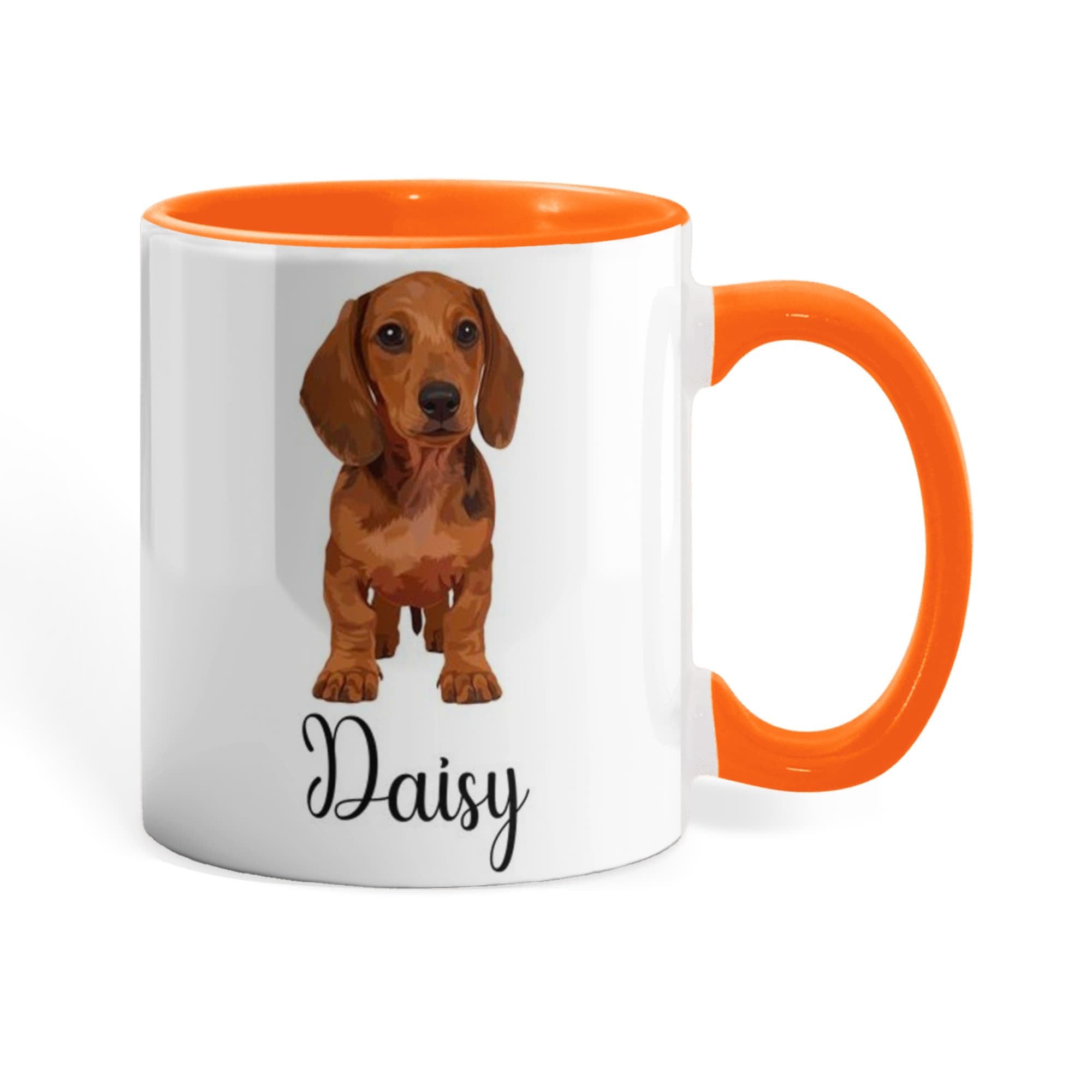 Mug with a dachshund illustration and 'Daisy' text, orange handle and interior.