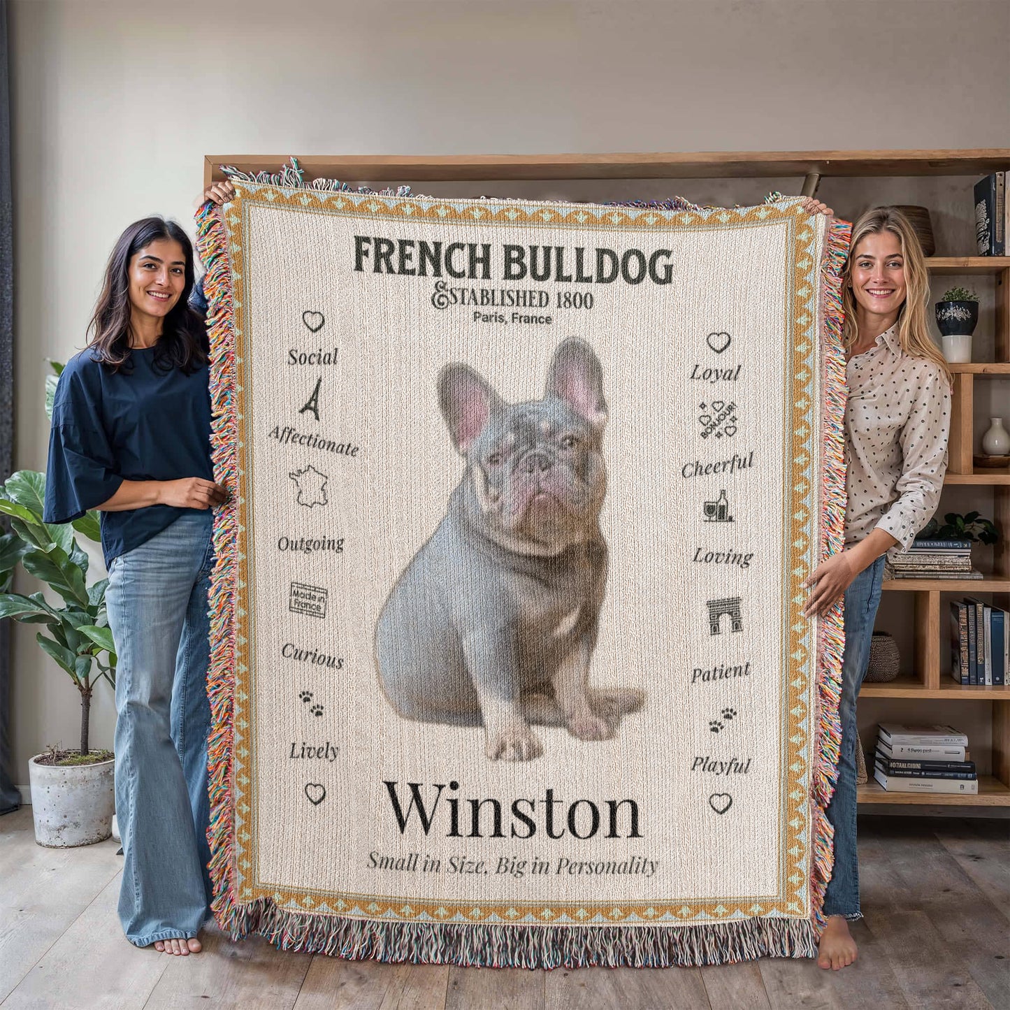 🐾 My Little Buddie Heirloom Woven Blanket – French Bulldog Edition - Gold Frame