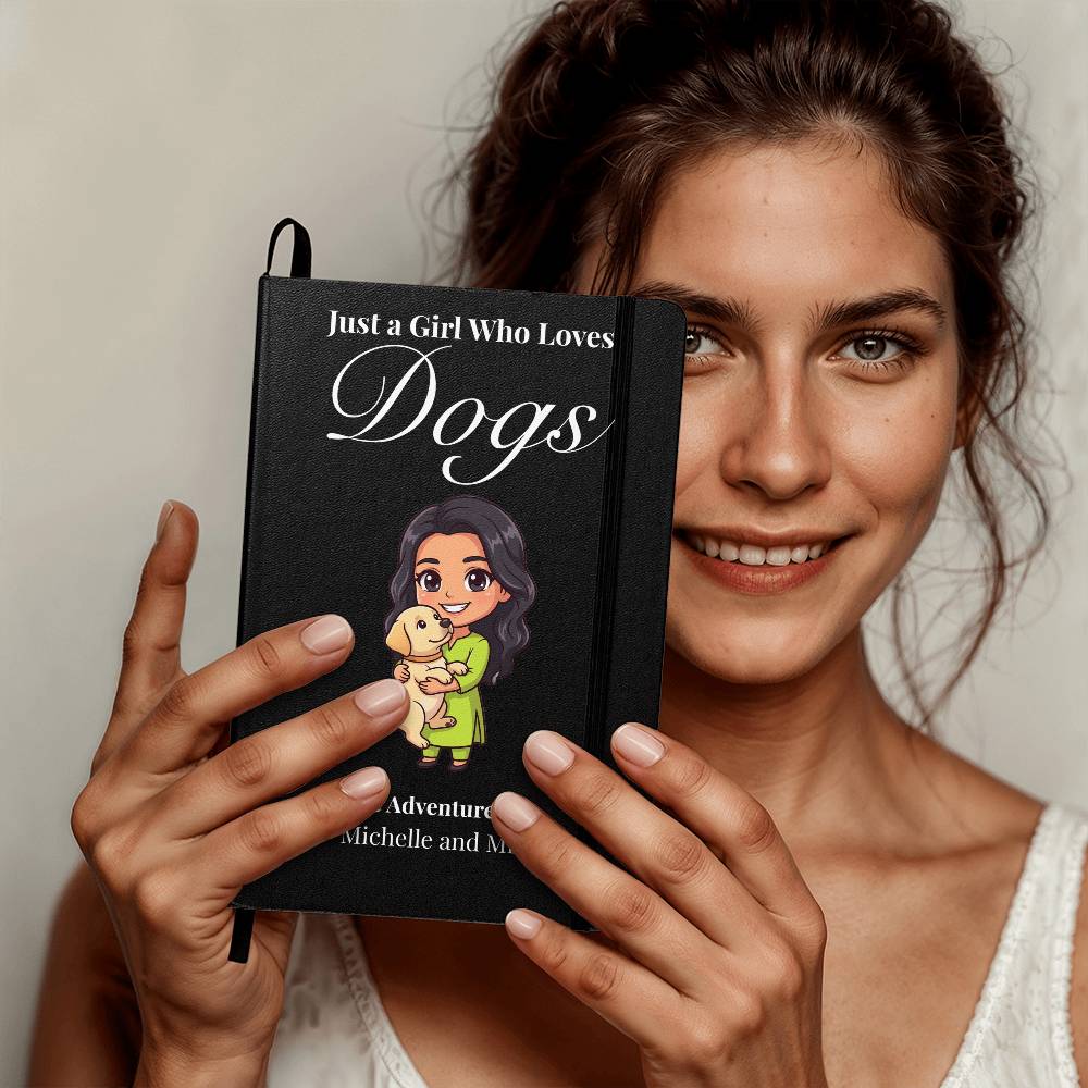 Woman holding a black book titled 'Just a Girl Who Loves Dogs' with a cartoon illustration on a plain background