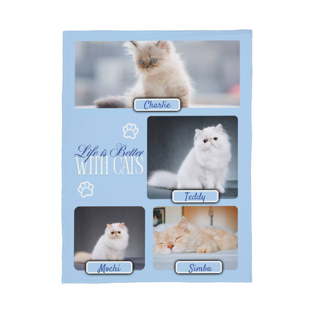 Personalized Multi-Cat Photo Blanket - Custom Cat Collage Fleece Blanket - 2-5 Cats Names & Photos