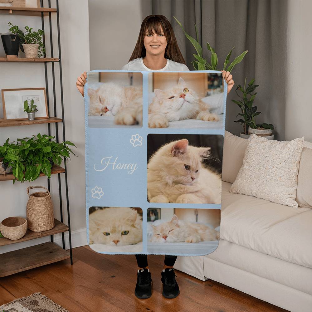 Person holding a blanket with cat images and the word 'Honey' in a living room setting.