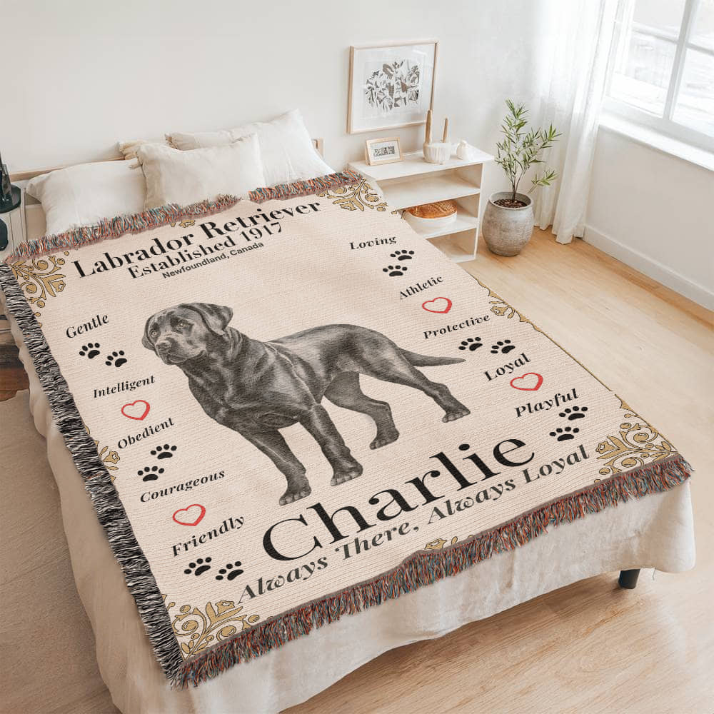Blanket with Labrador Retriever design and text on a bed in a room. Personalize your Labrador Retriever woven blanket with your dog's photo and name.
