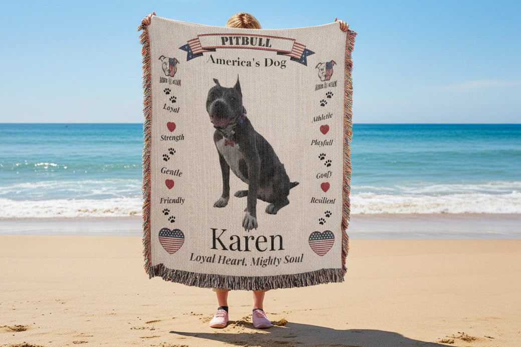 Pitbull-themed blanket with text and graphics displayed outdoors. Personalize your woven blanket with your favorite picture of your Pittie with their name.