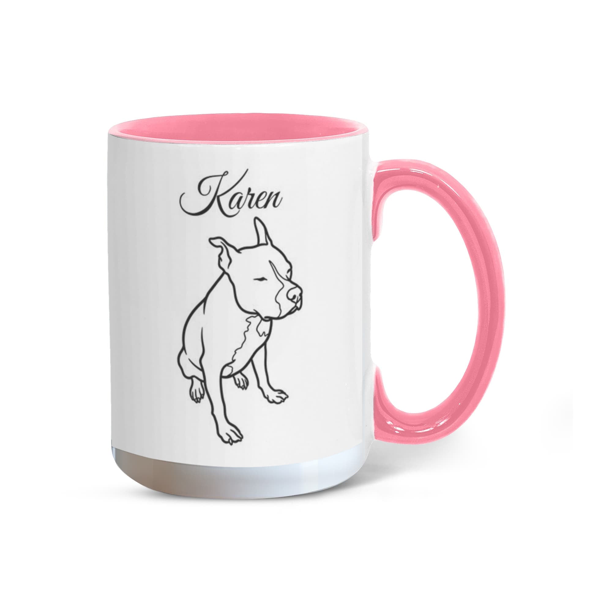 White mug with pink handle and interior, featuring a dog illustration and the name 'Karen'.