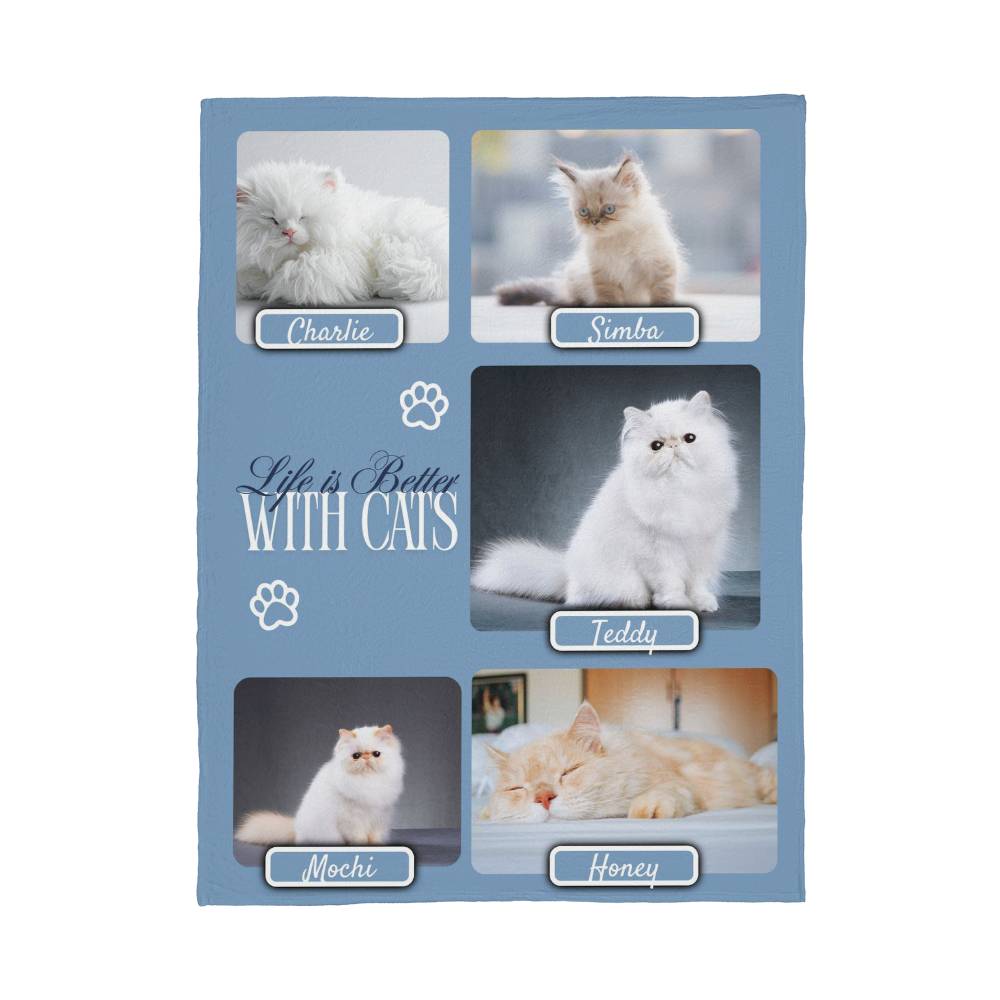 Personalized Multi-Cat Photo Blanket - Custom Cat Collage Fleece Blanket - 2-5 Cats Names & Photos