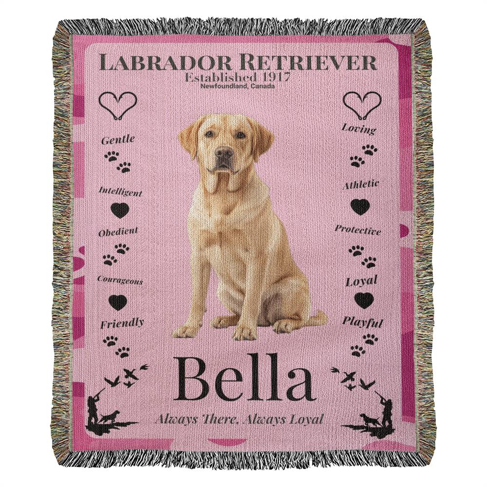 Pink blanket with a Labrador Retriever design, featuring the dog's name 'Bella' and various dog-related words.Personalize your woven blanket with your favorite Labrador's photo and Name.