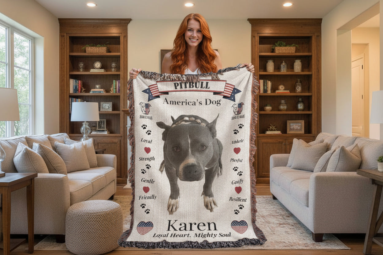 A woman holding a blanket with a pitbull design and text outdoors. Personalize your woven blanket with your favorite picture of your Pittie with their name.