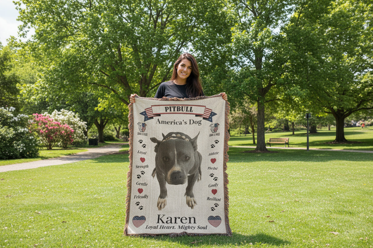Woman holding a blanket with a pitbull design and text outdoors. Personalize your woven blanket with your favorite picture of your Pittie with their name.
