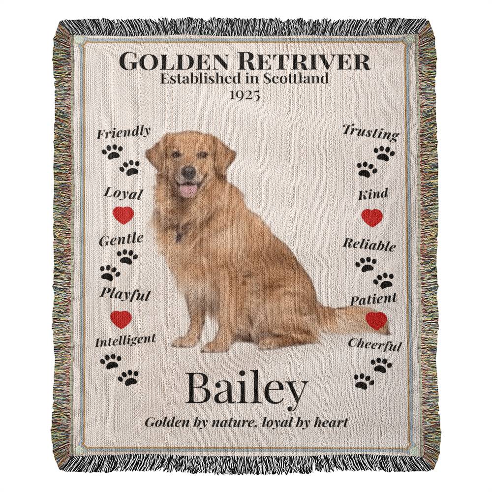Woven blanket with a Golden Retriever illustration and personalized with dogs name text on a beige background