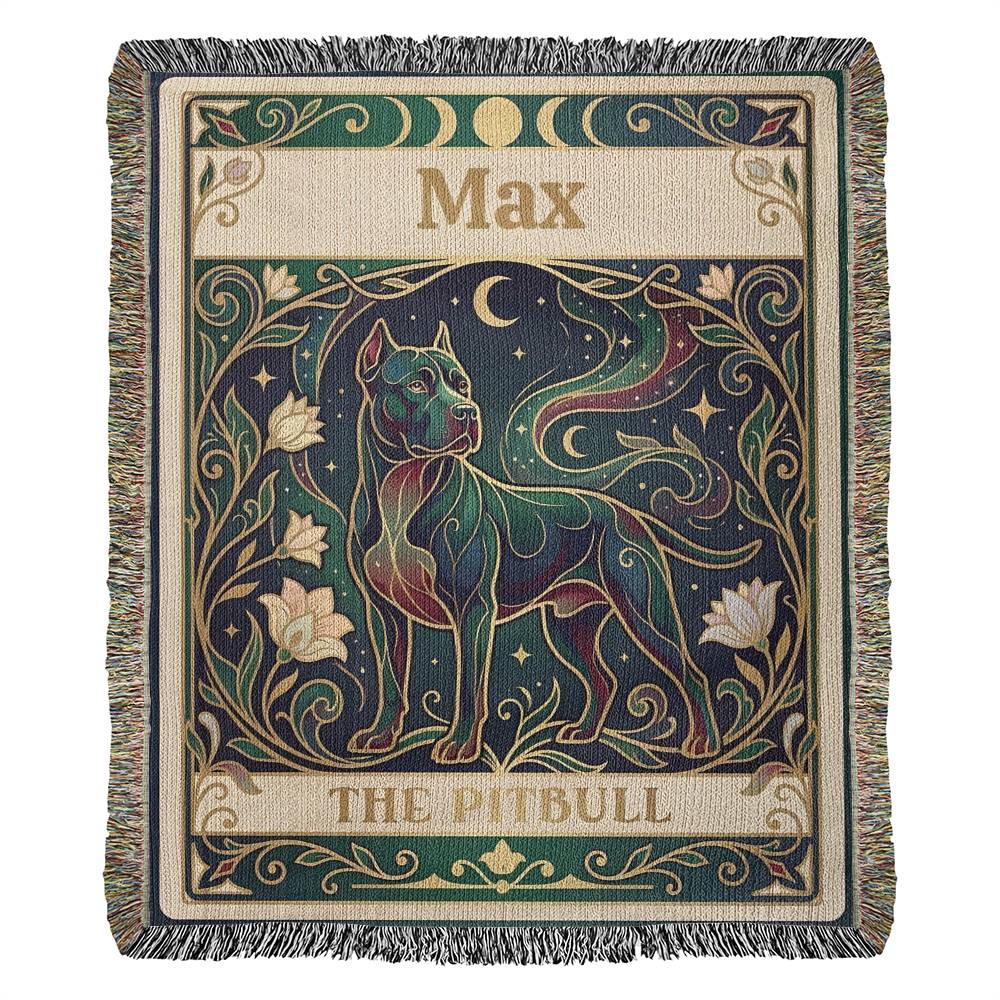Decorative blanket with a stylized tarot card pitbull dog illustration and personalized with the name 'Max' text on a white background