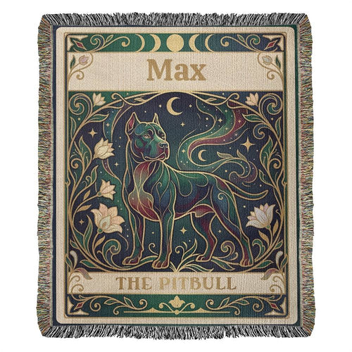 Decorative blanket with a stylized tarot card pitbull dog illustration and personalized with the name 'Max' text on a white background