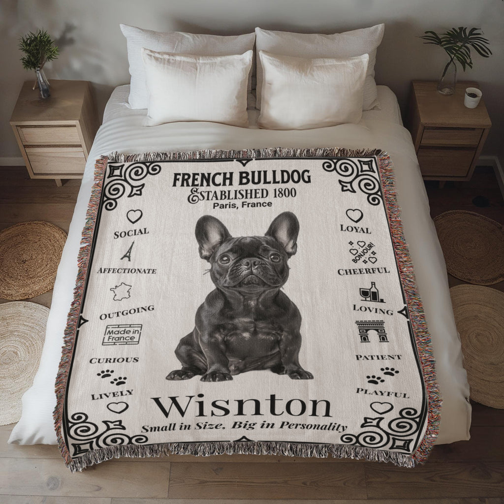 Bed with a French Bulldog-themed blanket featuring the name 'Wisnton' in a bedroom setting.Personalized with your Frenchie's photo and name.
