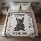 Bed with a French Bulldog-themed blanket featuring the name 'Wisnton' in a bedroom setting.Personalized with your Frenchie's photo and name.