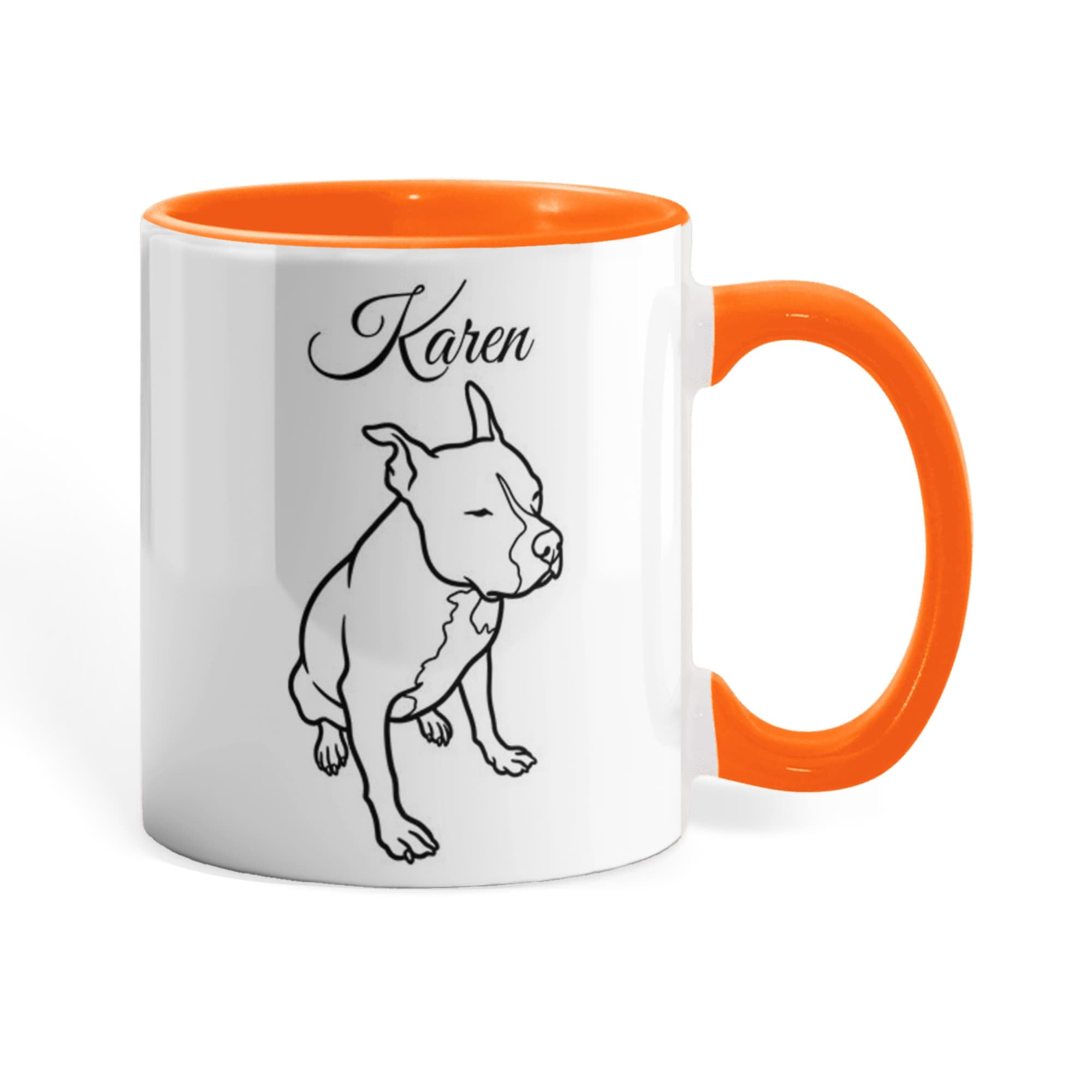 Mug with orange interior and handle, featuring a dog illustration and the name 'Karen'.